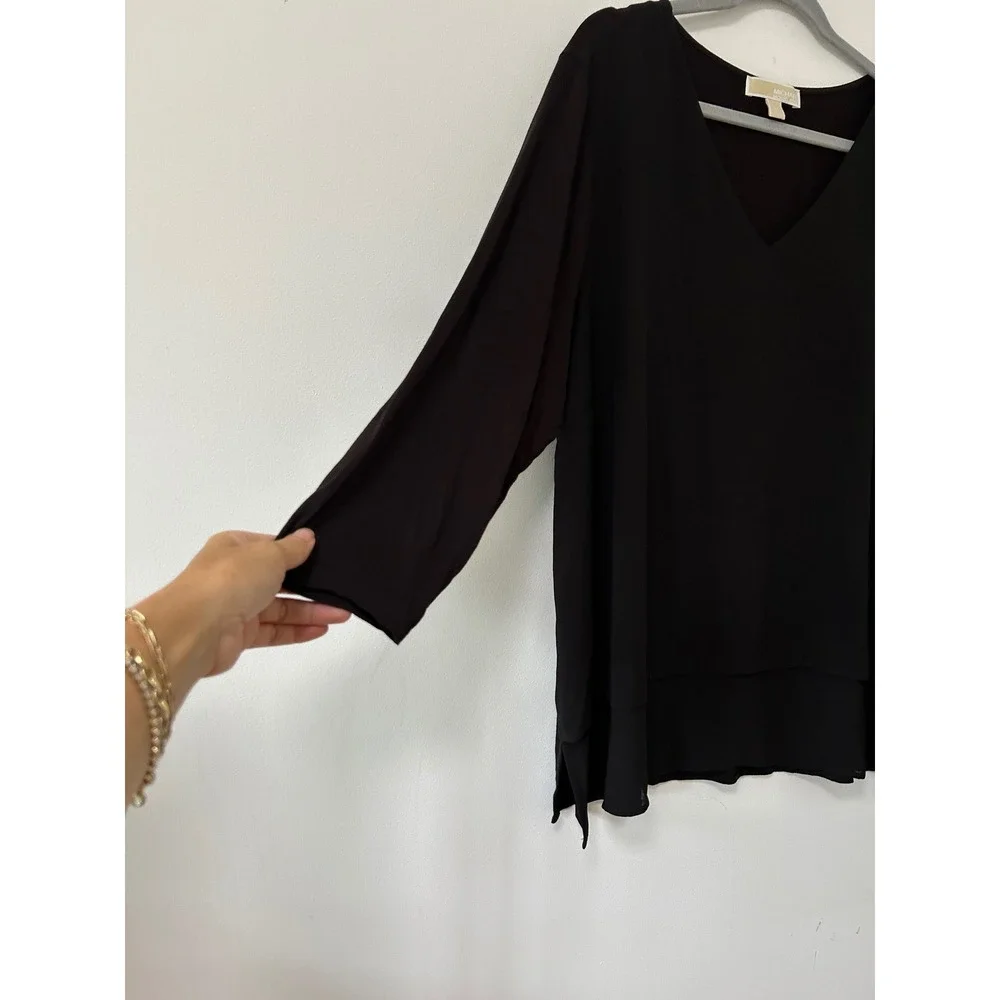 Michael Kors Layered Hem Tunic Women 2X Black Minimalist 3/4 Sleeve V-Neck Top